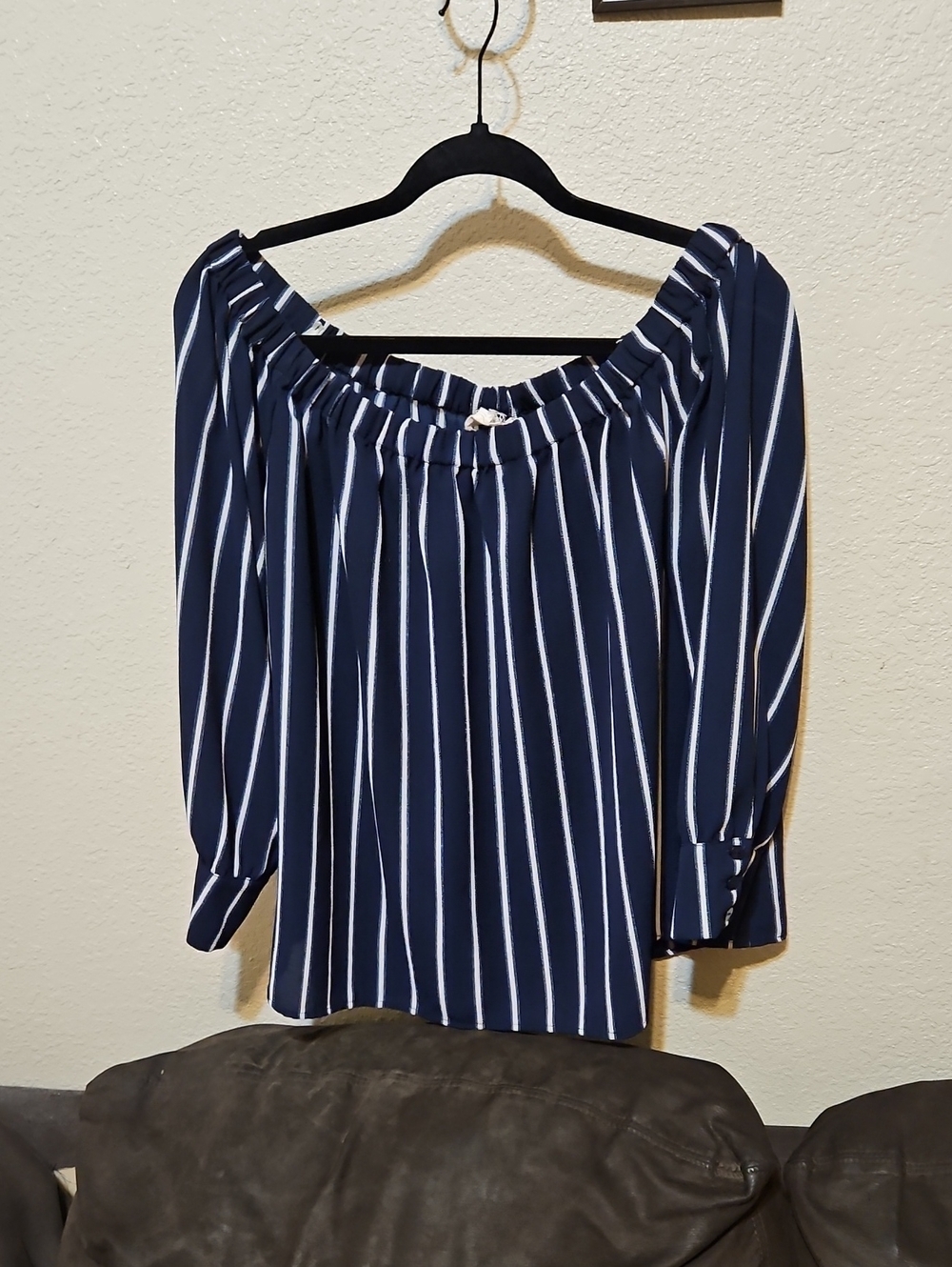 Sweet Wanderer Navy and White Striped Off-Shoulder Blouse